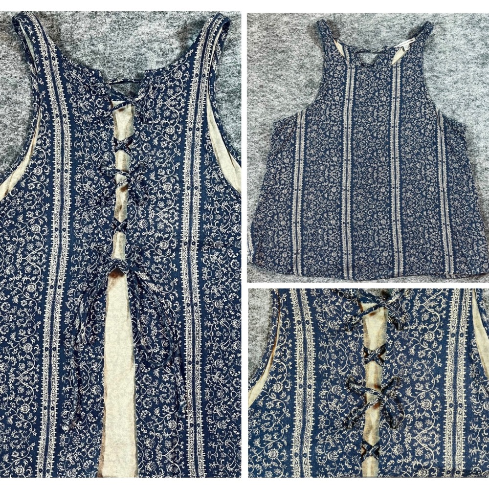American Eagle Boho Tank Top Womens S Navy Blue Lace Up Floral Festival Indie